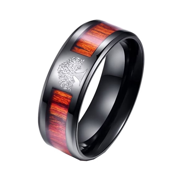 PAMTIER Men's Women's Stainless Steel Simple Center Wood Inlay Tree of Life Wedding Ring Black Size 6