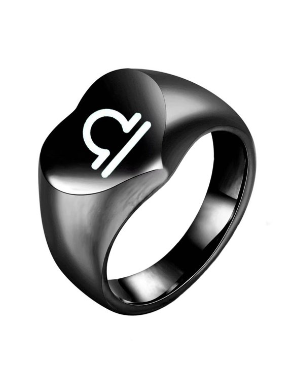 Men's Women's Stainless Steel Talisman 12 Constellation Signs Heart Simple Polished Birthday Ring Libra Black Size 12