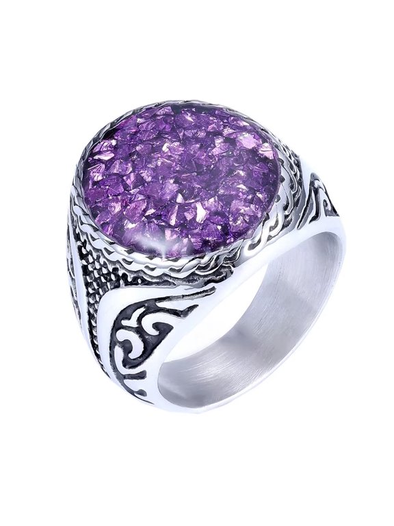 Men's Women's Stainless Steel Vintage Creative Oval Gemstone Statement Ring Silver Purple Size 7
