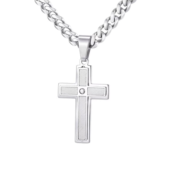 PAMTIER Men's Women's Stainless Steel Vintage Stripe with Rhinestone Cross Necklace Silver
