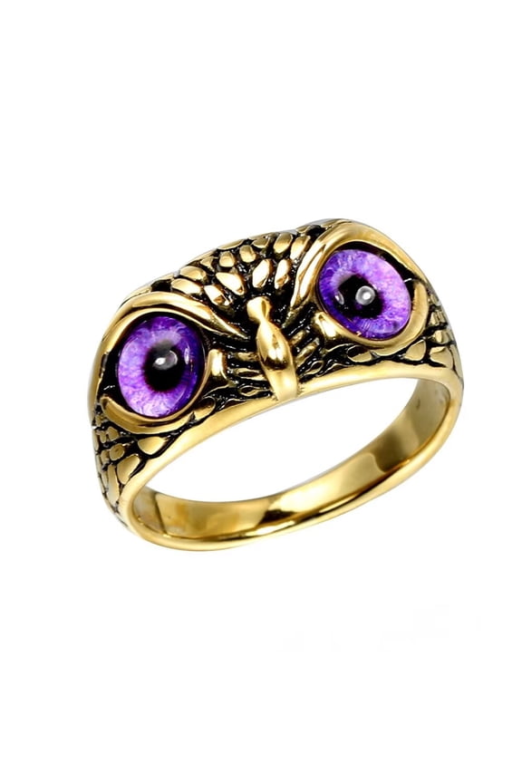 Men's Women's Vintage Animal Owl Head Gothic Biker Gemstone Ring Gold Purple Size 9