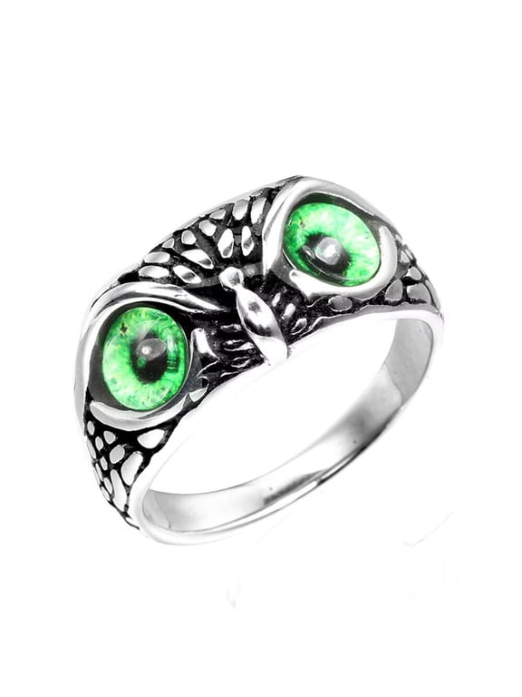 Men's Women's Vintage Animal Owl Head Gothic Biker Gemstone Ring Silver Green Size 11