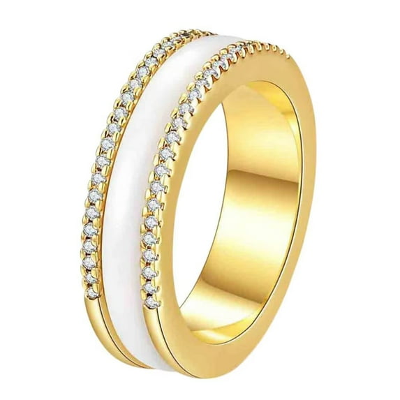 PAMTIER Men's and Women's Ceramic 6MM Simple Trendy Zirconia Rotatable Wedding Ring Gold White Size 8