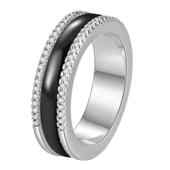 PAMTIER Men's and Women's Ceramic 6MM Simple Trendy Zirconia Rotatable Wedding Ring Silver Black Size 9