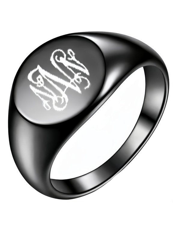 Men's and Women's Stainless Steel 12MM Initial Alphabet A to Z Carved Floral Font Ring Black N Size 5