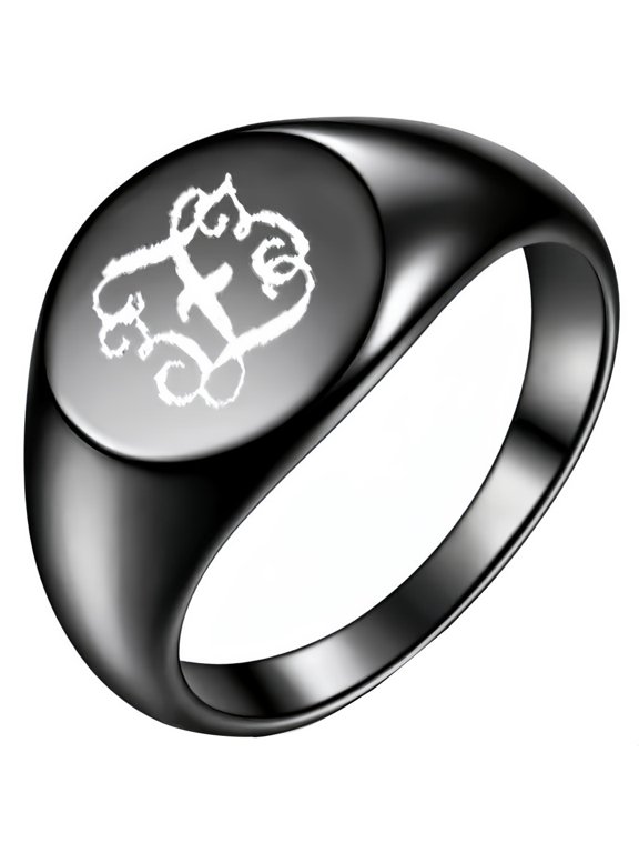 Men's and Women's Stainless Steel 12MM Initial Alphabet A to Z Carved Floral Font Ring Black Z Size 9
