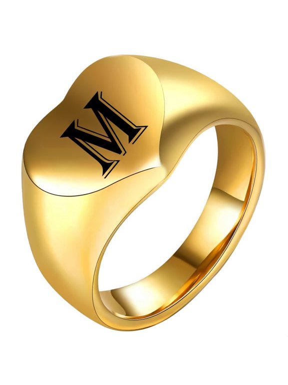 Men's and Women's Stainless Steel 12MM Simple Engraved 26 English Letters Heart Smooth Ring Gold M Size 10