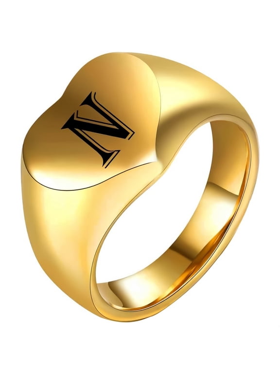 Men's and Women's Stainless Steel 12MM Simple Engraved 26 English Letters Heart Smooth Ring Gold N Size 10