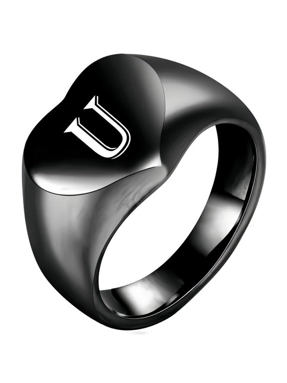 Men's and Women's Stainless Steel 12MM Simple Heart Engraving Of 26 English Letters Ring Black U Size 5