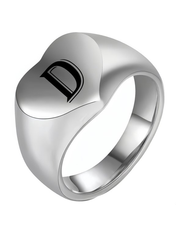 Men's and Women's Stainless Steel 12MM Simple Heart Engraving Of 26 English Letters Ring Silver D Size 9