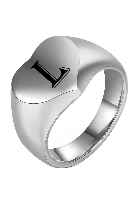 Men's and Women's Stainless Steel 12MM Simple Heart Engraving Of 26 English Letters Ring Silver L Size 5