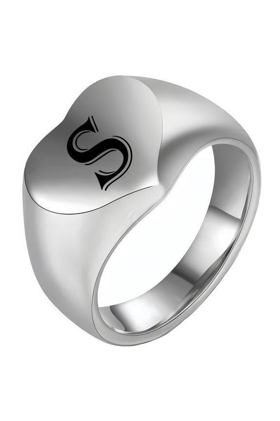Men's and Women's Stainless Steel 12MM Simple Heart Engraving Of 26 English Letters Ring Silver S Size 12