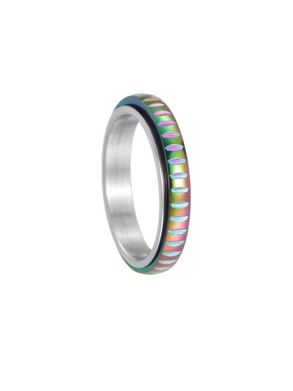 Men's and Women's Stainless Steel 4MM Simple Relieves Anxiety Decompression Rotatable Ring Rainbow Size 12