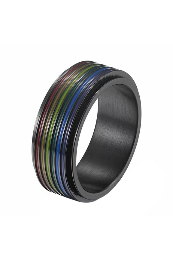 Men's and Women's Stainless Steel 8MM LGBTQ Pride Happiness Rainbow Rotatable Couple Ring Black Size 10