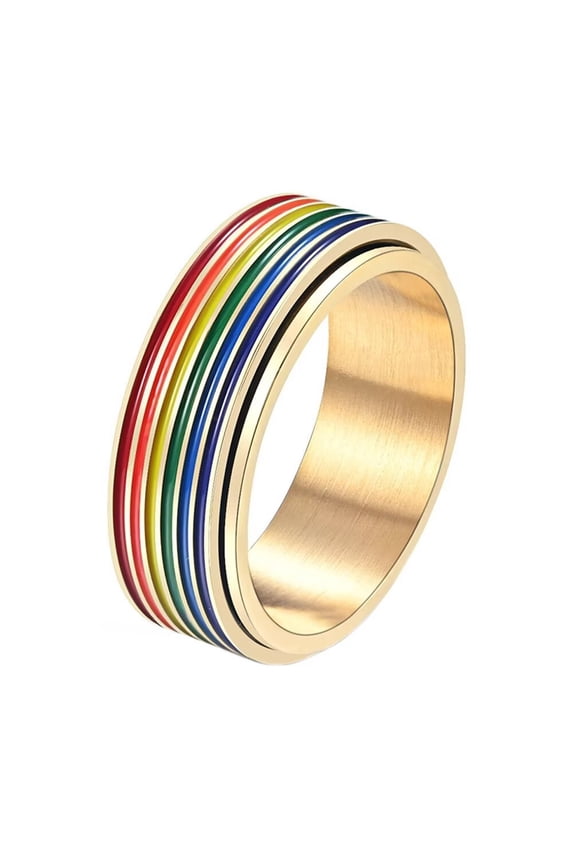 Men's and Women's Stainless Steel 8MM LGBTQ Pride Happiness Rainbow Rotatable Couple Ring Gold Size 9