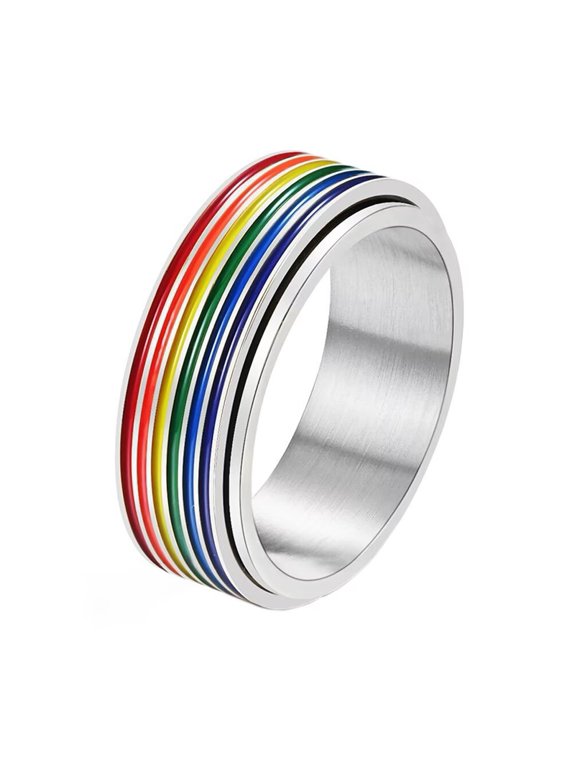 Men's and Women's Stainless Steel 8MM LGBTQ Pride Happiness Rainbow Rotatable Couple Ring Silver Size 12