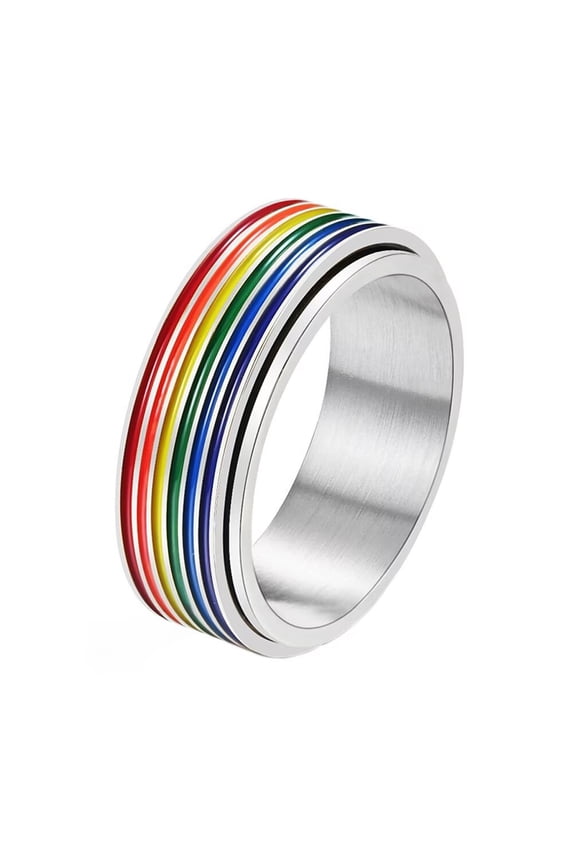 Men's and Women's Stainless Steel 8MM LGBTQ Pride Happiness Rainbow Rotatable Couple Ring Silver Size 12
