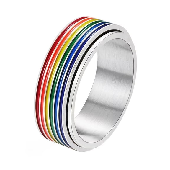 PAMTIER Men's and Women's Stainless Steel 8MM LGBTQ Pride Happiness Rainbow Rotatable Couple Ring Silver Size 6