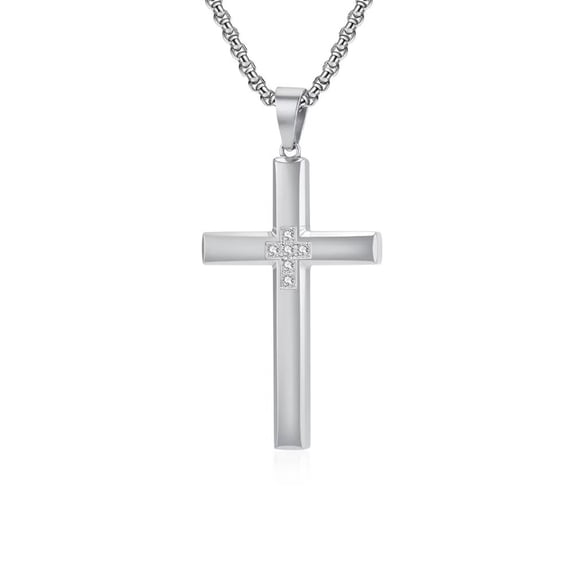 PAMTIER Men's and Women's Stainless Steel Classic Devotion with Rhinestones Cross Pendant Necklace Silver
