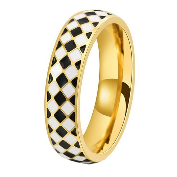 PAMTIER Men's and Women's Stainless Steel Classic Rhombus Black and white Checkerboard Drip Ring Gold Size 6