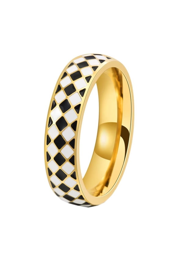 Men's and Women's Stainless Steel Classic Rhombus Black and white Checkerboard Drip Ring Gold Size 6