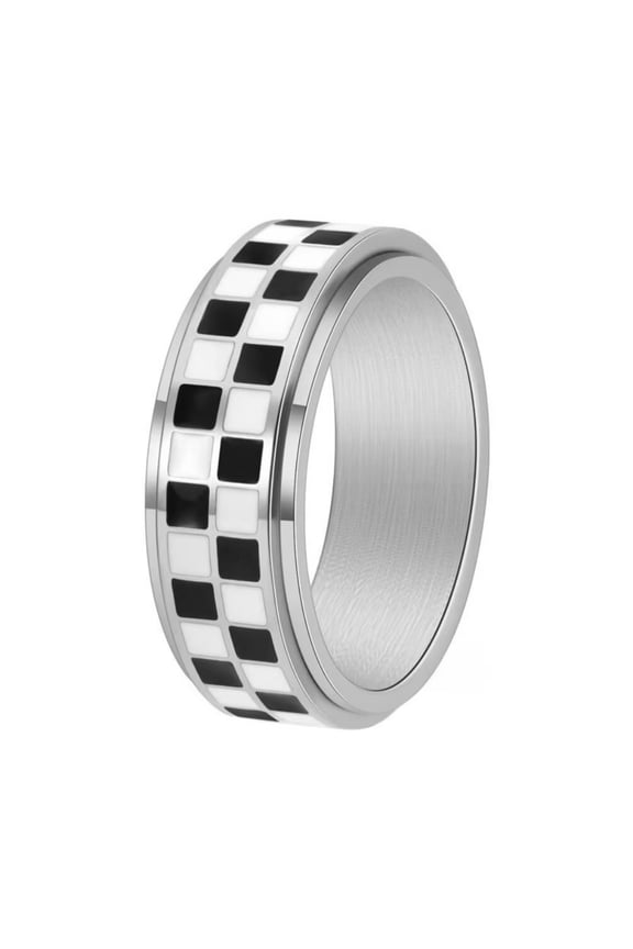 Men's and Women's Stainless Steel Classic Rotatable Square Black and white Checkerboard Ring Silver Size 10