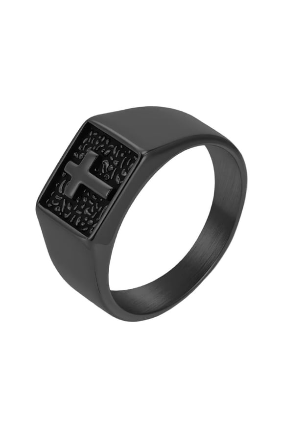 Men's and Women's Stainless Steel Classic Simple Devotion Square Stamp Cross Ring Black Size 11