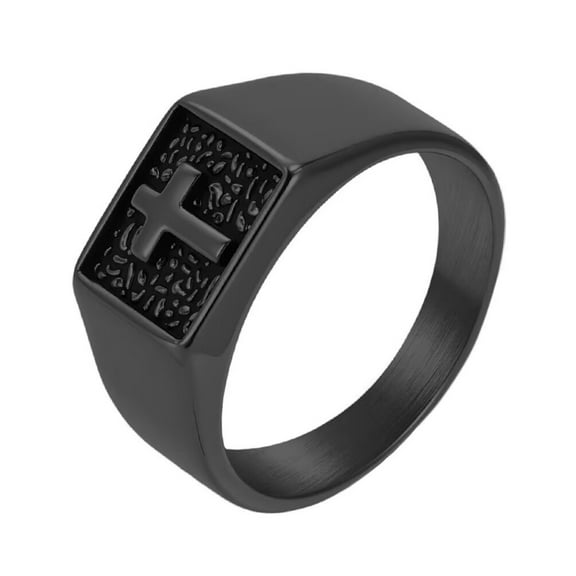 PAMTIER Men's and Women's Stainless Steel Classic Simple Devotion Square Stamp Cross Ring Black Size 12