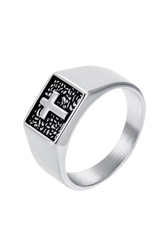 Men's and Women's Stainless Steel Classic Simple Devotion Square Stamp Cross Ring Silver Size 11