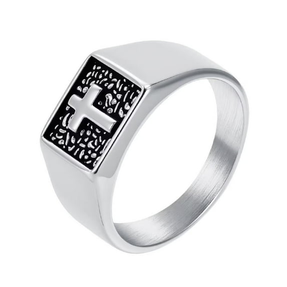 PAMTIER Men's and Women's Stainless Steel Classic Simple Devotion Square Stamp Cross Ring Silver Size 8