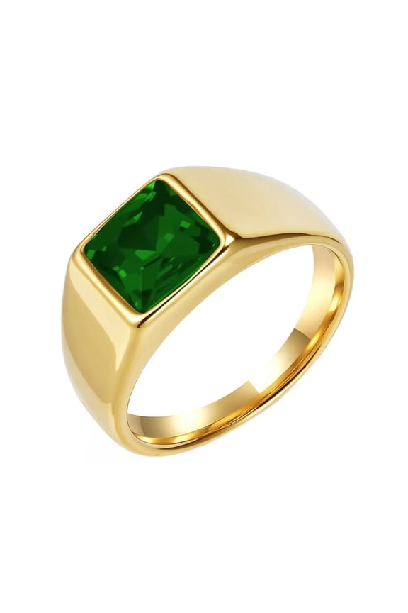 Men's and Women's Stainless Steel Classic Square Gemstone Ring Gold Green Size 10
