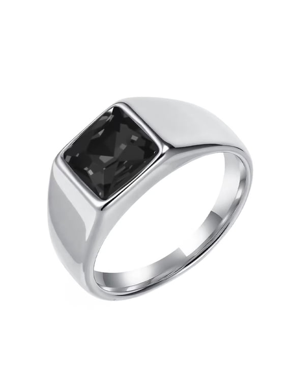 Men's and Women's Stainless Steel Classic Square Gemstone Ring Silver Black Size 9