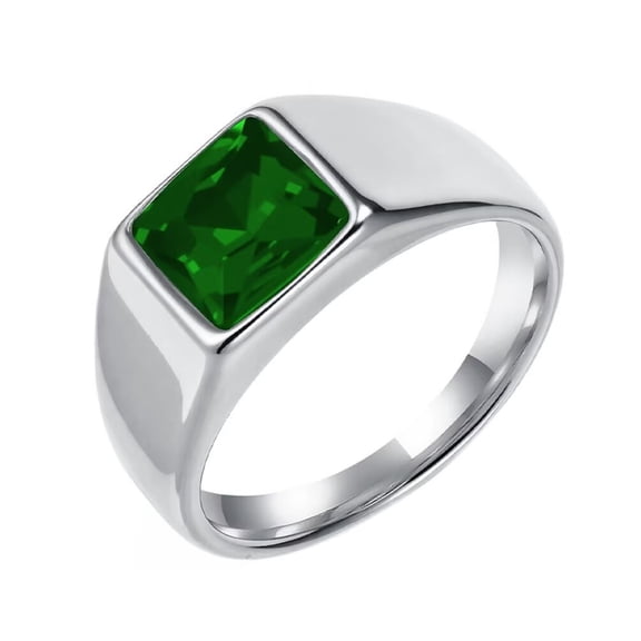 PAMTIER Men's and Women's Stainless Steel Classic Square Gemstone Ring Silver Green Size 12