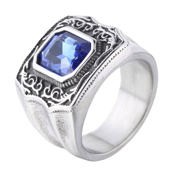 PAMTIER Men's and Women's Stainless Steel Classic vintage Gothic Punk Cubic Blue Zirconia Ring Silver Size 10