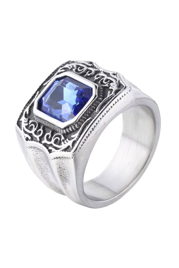 Men's and Women's Stainless Steel Classic vintage Gothic Punk Cubic Blue Zirconia Ring Silver Size 10