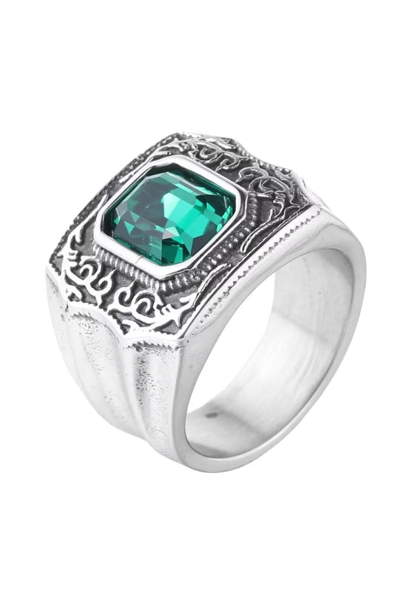 Men's and Women's Stainless Steel Classic vintage Gothic Punk Cubic Green Zirconia Ring Silver Size 10