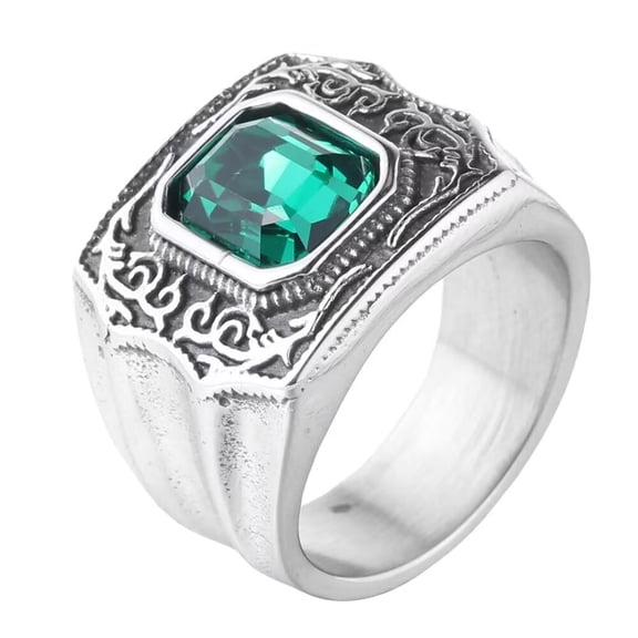 PAMTIER Men's and Women's Stainless Steel Classic vintage Gothic Punk Cubic Green Zirconia Ring Silver Size 8
