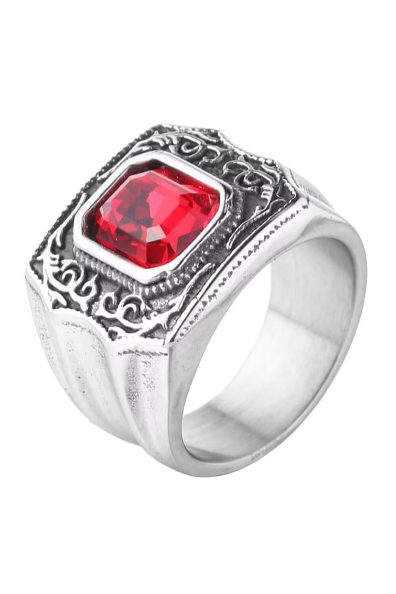 Men's and Women's Stainless Steel Classic vintage Gothic Punk Cubic Red Zirconia Ring Silver Size 10