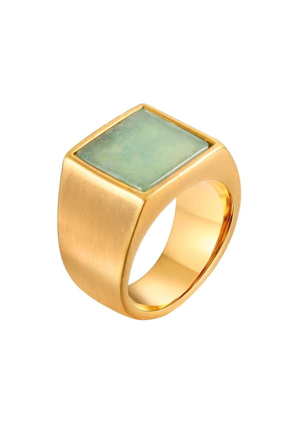 Men's and Women's Stainless Steel Creative Personalized Quadripartite Stamp Imitation of Green Jade Gemstone Ring Gold Size 10