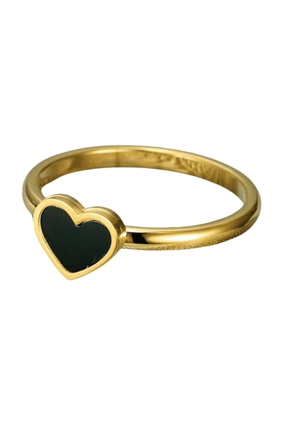 Men's and Women's Stainless Steel Creativity Design Sense Tiny Black Heart Ring Gold Size 7