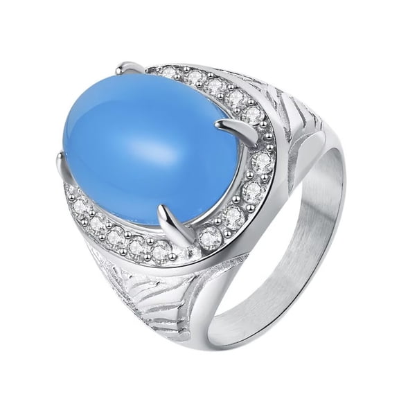 PAMTIER Men's and Women's Stainless Steel Exaggerated Elegant Feather Design with Rhinestones Egg-shaped Blue Gemstone Ring Silver Size 12