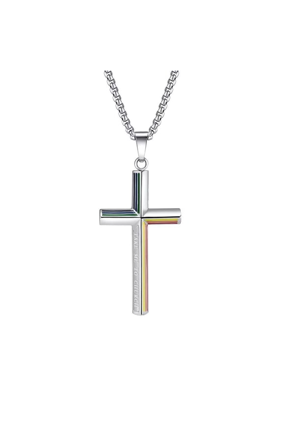 Men's and Women's Stainless Steel LGBTQ Personality Love Pride Rainbow Cross Pendant Necklace Silver