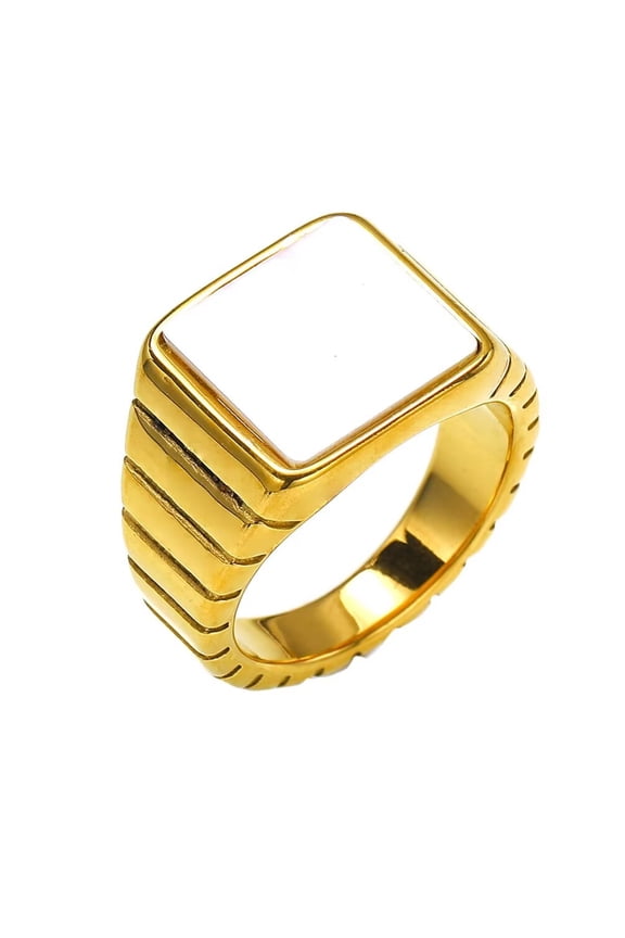 Men's and Women's Stainless Steel Simplicity Punk Rectangular Simulated Pearl Shells Ring Gold Size 9
