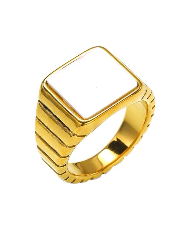Men's and Women's Stainless Steel Simplicity Punk Rectangular Simulated Pearl Shells Ring Gold Size 9