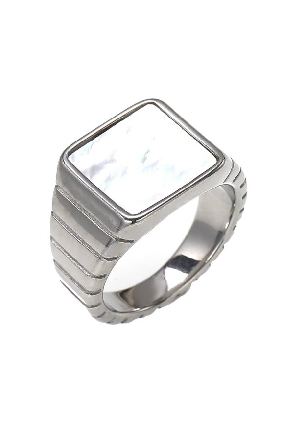 Men's and Women's Stainless Steel Simplicity Punk Rectangular Simulated Pearl Shells Ring Silver Size 10
