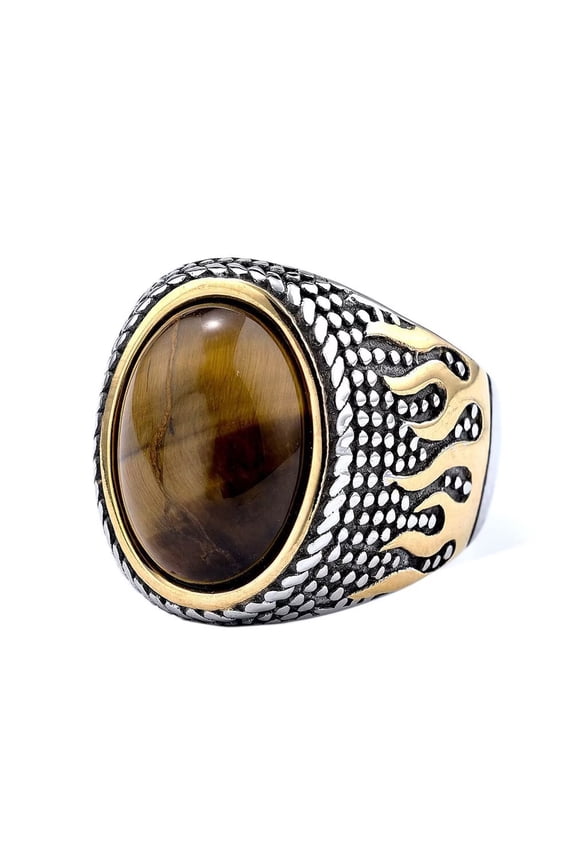 Men's and Women's Stainless Steel Vintage Novelty Flame Pattern Inlaid with Brown Gemstone Ring Size 7