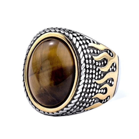 PAMTIER Men's and Women's Stainless Steel Vintage Novelty Flame Pattern Inlaid with Brown Gemstone Ring Size 9