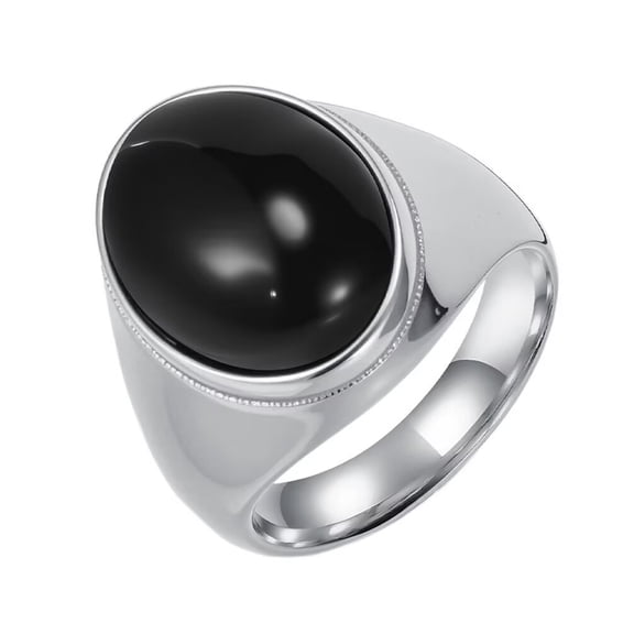 PAMTIER Men's and Women's Stainless Steel Vintage Personalized Polished Egg-shaped Black Gemstone Ring Silver Size 13