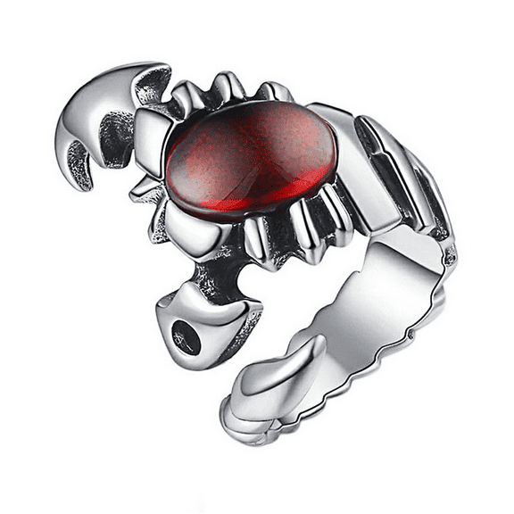PAMTIER Men's and Women's Stainless Steel Zodiac Astrology Scorpio with Red Gemstones Scorpion Design Open Ring Silver Size 11