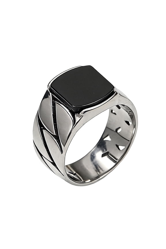 Mens Black Stone Style Ring Stainless Steel Signet Band Textured Statement Jewelry Modern Casual Accessory Gift for Him Size 8